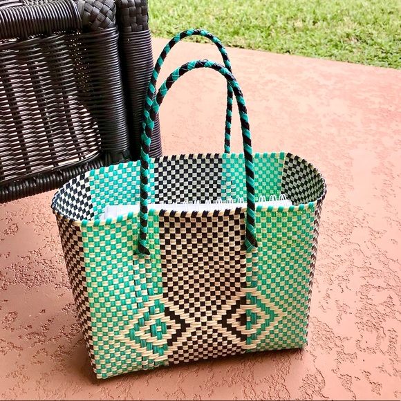 NWOT HANDWOVEN AND SUSTAINABLE MEDIUM TURQUOISE, BLACK & CREAM TOTE BAG, MEXICAN - Picture 8 of 9
